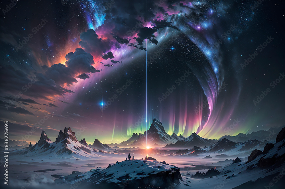 Fantastic view of the Aurora Borealis and the Milky Way.
Generative AI.
