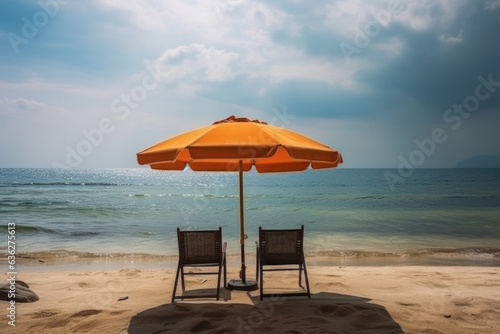 Umbrella and hammock on the shore at the beach. Generative AI. © Agustin