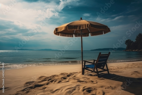 Umbrella and hammock on the shore at the beach. Generative AI.