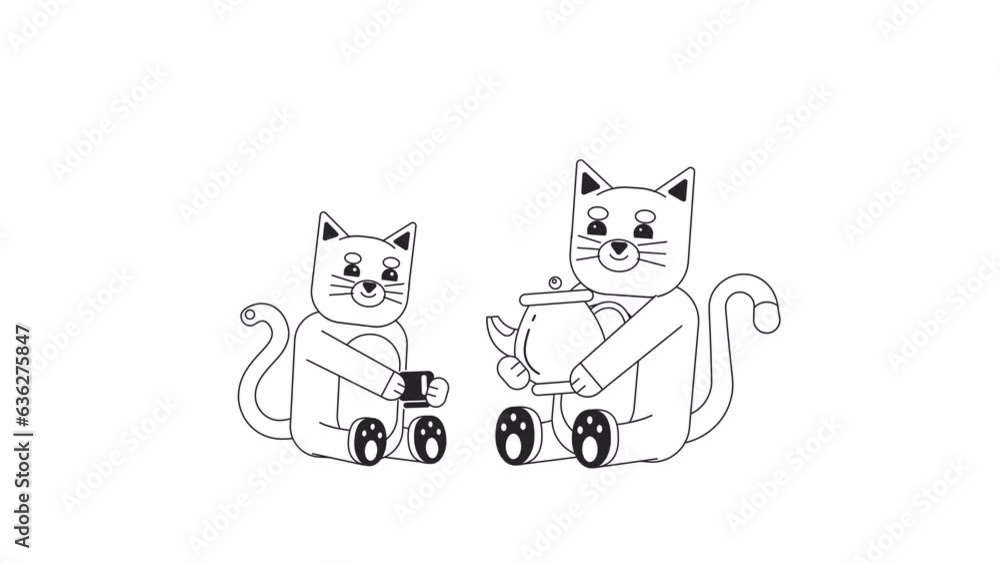 Happy kitten pouring tea in cup bw 2D characters animation. Kawaii cats