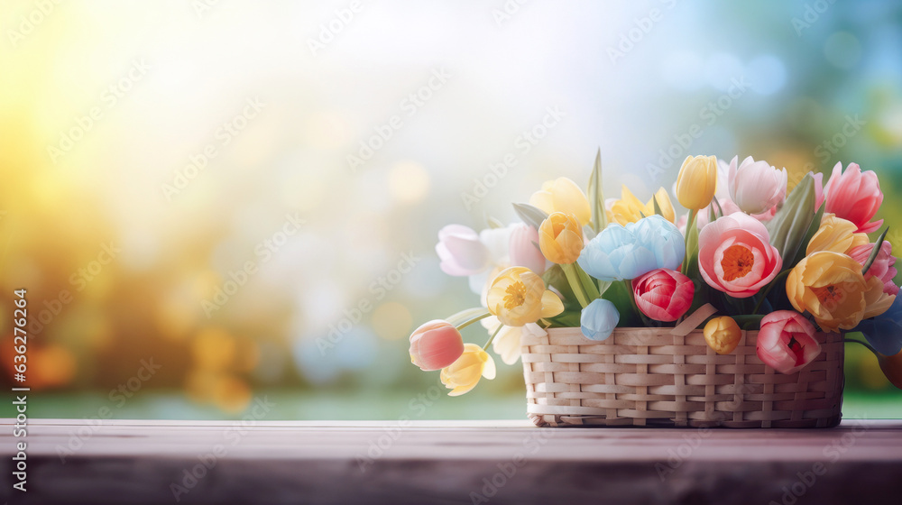 Basket of tulips with beautiful bokeh circles, banner format, copy space. Minimal creative concept.