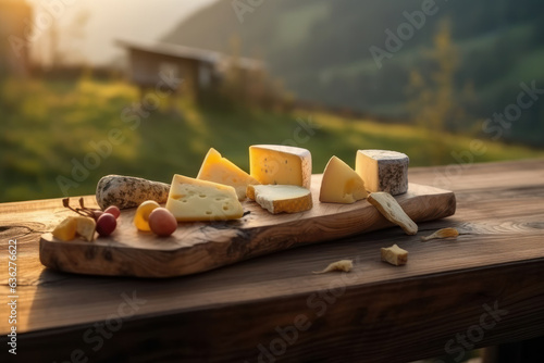 Table of different Cheeses, on a wooden table and the field in the background. Generative AI.