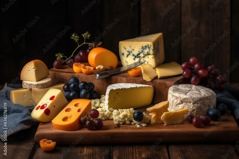 Table of different Cheeses, on a wooden table and black background. Generative AI.