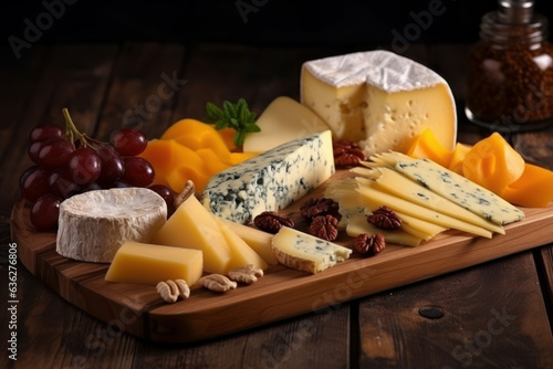 Table of different Cheeses, on a wooden table and black background. Generative AI.