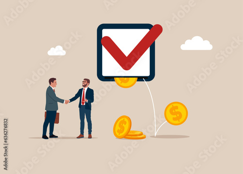 Businessman handshake completed checkbox. Global business investment. Modern vector illustration in flat style