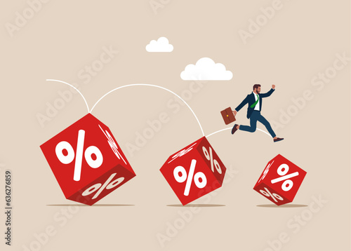Businessman jumping from on smaller cube block with percentage symbol icon . Reduced interest, financial and mortgage rates. Modern vector illustration in flat style. 