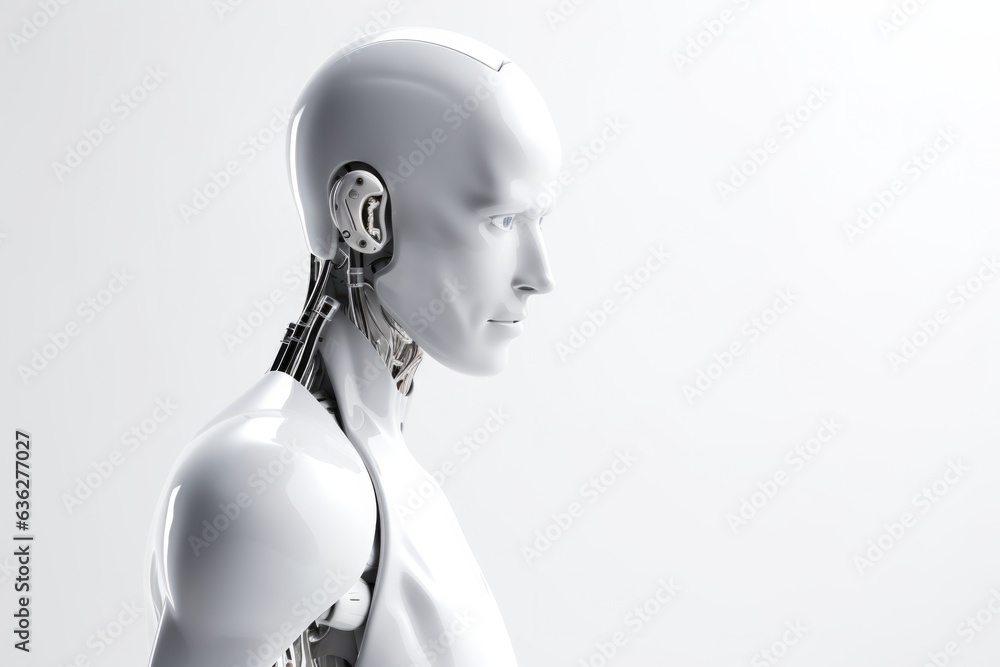 AI artificial intelligence robot humanoid stands isolated on a white