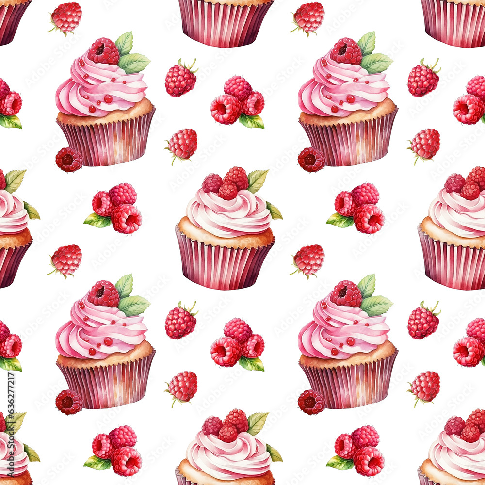 Seamless pattern with watercolor raspberry and cupcake isolated on white background. Seamless pattern with watercolor raspberry and cupcake isolated on white background.