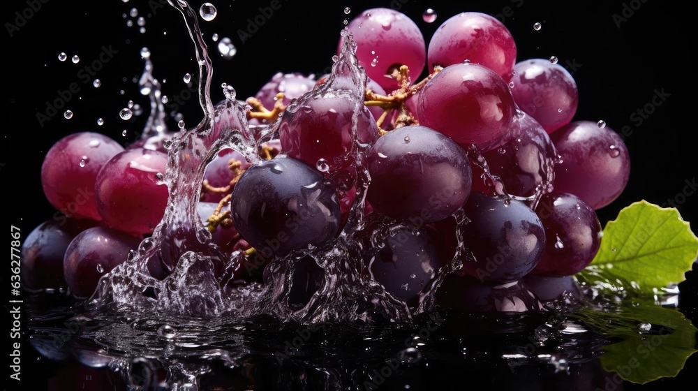 flying fresh grapes exposed to splashing water on black background and blur flying fresh grapes exposed to splashing water on black background and blur