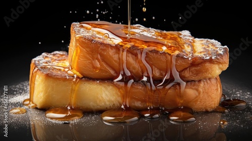 french toast with melted maple syrup and fruit topping on it, black background and blur