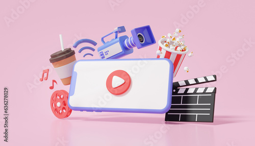 Smartphone modern streaming playing video with movie camera floating food popcorn box trophy cup award idea multimedia entertainment media creative, clapper board elements, 3d render