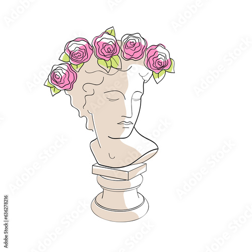  head of an antique statue in a wreath of roses 