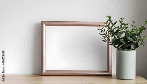 Empty horizontal frame mockup in modern minimalist interior with plant in trendy vase on white wall background. Template for artwork, photo or poster. Real photograph