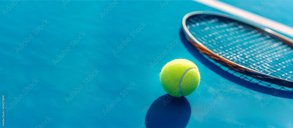 Tennis racket and the tennis ball under late evening sunlight on a blue tennis court with copy space. Tennis balls and racquet on blue court background. Space for text. Generative AI