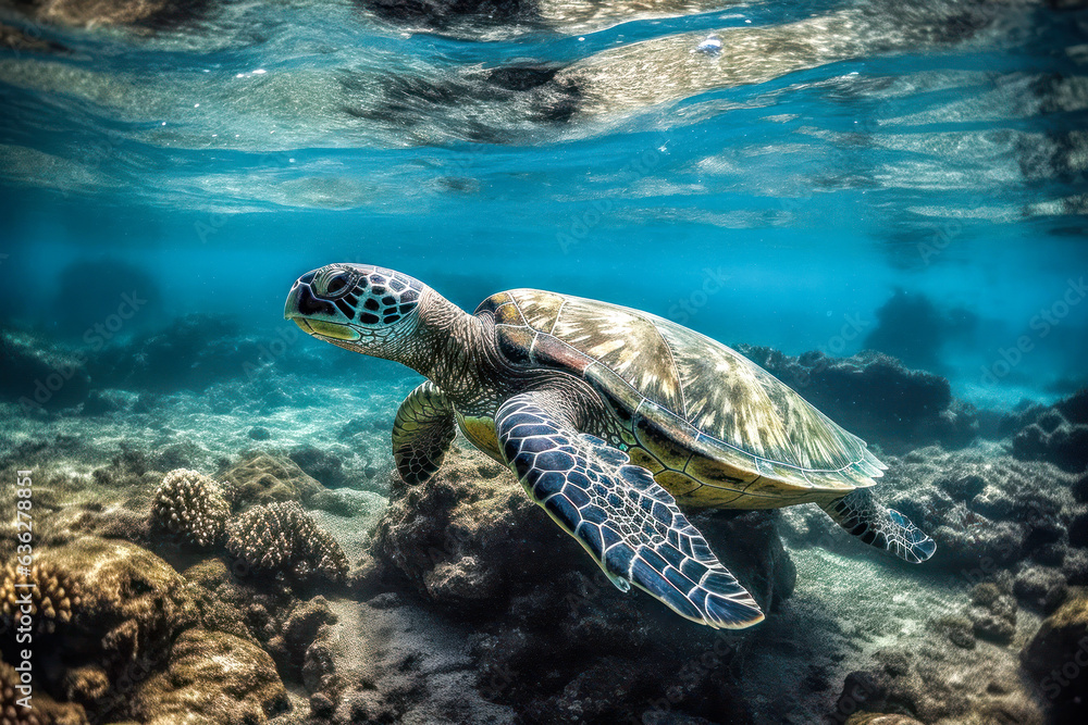 Fototapeta premium Sea turtle, swimming in a sea of corals. Generative AI.