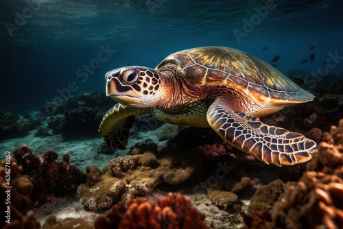 Sea turtle, swimming in a sea of corals. Generative AI. © Agustin