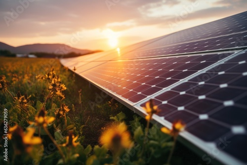 Solar panel and sunset  photovoltaic  alternative electricity source - the concept of sustainable resources