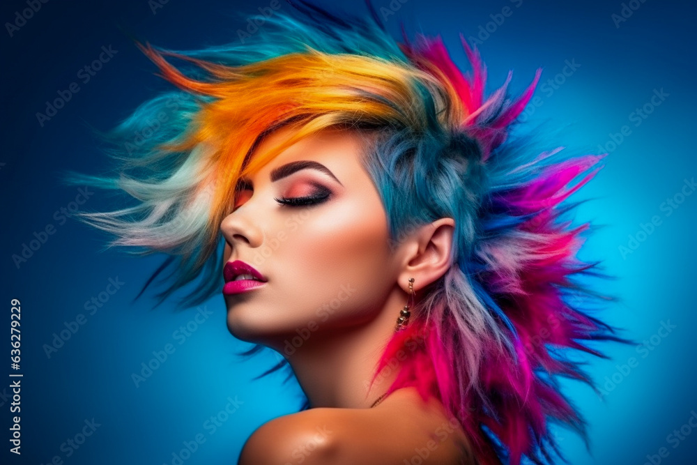 Portrait of a stunningly beautiful woman, cool and crazy hairstyle, vivid and vibrant colors, heavy makeup, blue background, exciting and bold camera angle.