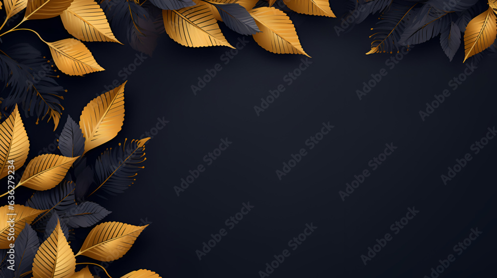 Golden leaves on dark background. Gold and black autumn leaves isolated on dark background with copy space. Luxury autumn leaves banner in golden and black colors