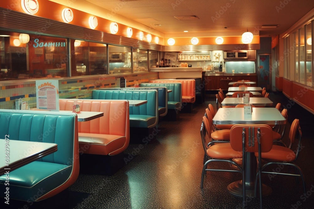 A retro restaurant displaying indoor seating arrangements. Generative AI