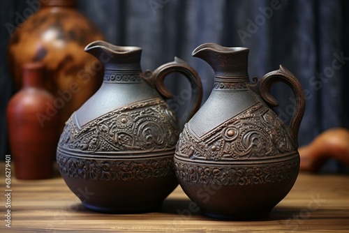 Traditional Georgian clay wine jugs. Handmade oriental vessels for wine. Generative AI