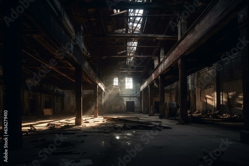Exploring an abandoned warehouse filled with industrial charm and captivating cinematic lighting. Generative AI