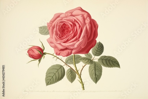 An aged artwork showcasing rosa damascena aurora, created by P. R. Redoute and published in Les Roses, Imp. Firmin Didot, Paris, 1817-24. Generative AI