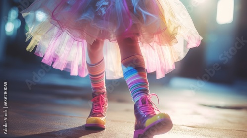 Fabulous free spirited teenager in colorful rainbow pastel frilly ballerina type costume dress with striped socks and cute shoes walking down city subway station corridor - generative AI photo