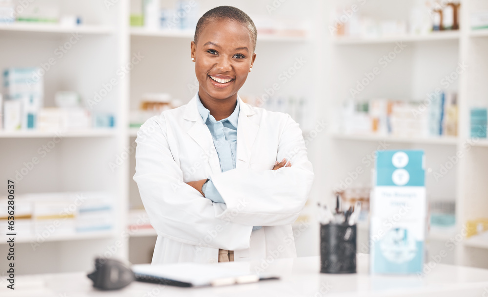 Crossed arms, happy and portrait of woman pharmacist working in chemist for medication dispensary. Smile, confident and African female pharmaceutical worker in medicine pharmacy for healthcare career Crossed arms, happy and portrait of woman pharmacist working in chemist for medication dispensary. Smile, confident and African female pharmaceutical worker in medicine pharmacy for healthcare career