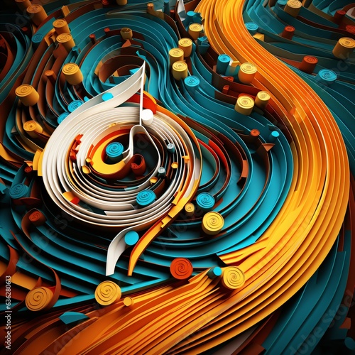 modern multicolor music background with abstract structure and musical notes, futuristic and surreal sound sculpture with curved shapes photo