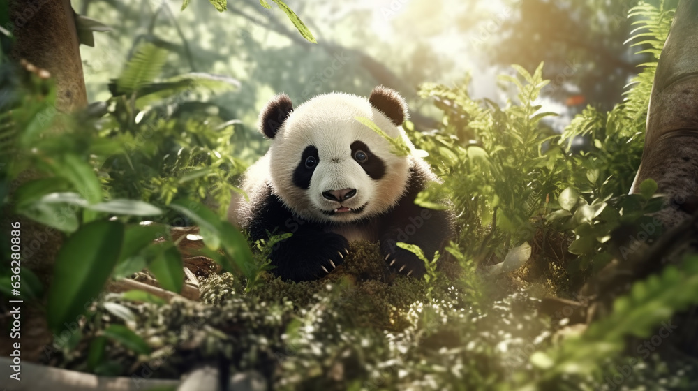 Naklejka premium Giant panda cub basks in the sun. Cute photorealistic little panda in bamboo forest, close-up super detailed, photorealistic. Goes straight to the camera, looking friendly and brave. Bamboo forest