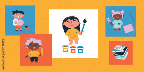 Education. Back to school. School supplies icons. Flat cartoon vector illustration. Icon School supplies