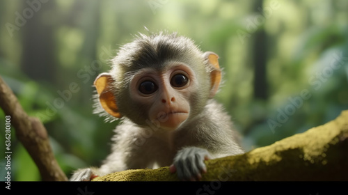Close up unique portrait of baby monkey in jungle. Cute new born monkey at on the tree, pretty wild animal. Look at you with trust and curiosity. Photo realistic baby monkey