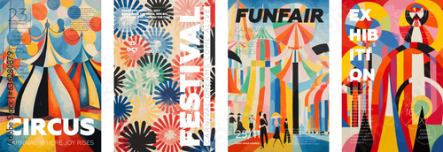 Circus and Festival creative retro art poster set. Funfair and Exhibition vintage typography print design collection. Placard with promo text on colorful abstract pattern. Vector modern trendy cover