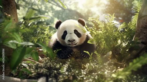 Giant panda cub basks in the sun. Cute photorealistic little panda in bamboo forest  close-up super detailed  photorealistic. Goes straight to the camera  looking friendly and brave. Bamboo forest