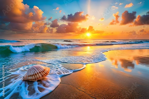 Seascape mix media painting sunset and seashells. Hand drawn landscape © M.Arif