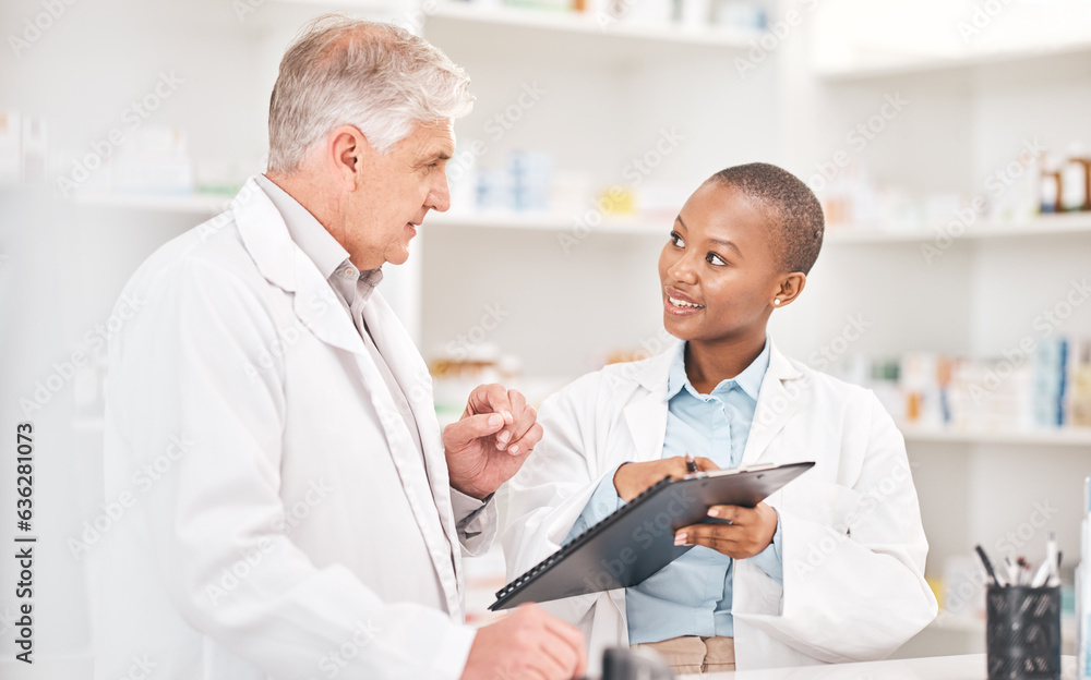 Man, woman and clipboard in pharmacy for checklist, insurance documents and stock report for medicine. Help, mentor and pharmacist team at counter with inventory list, schedule or medical information Man, woman and clipboard in pharmacy for checklist, insurance documents and stock report for medicine. Help, mentor and pharmacist team at counter with inventory list, schedule or medical information