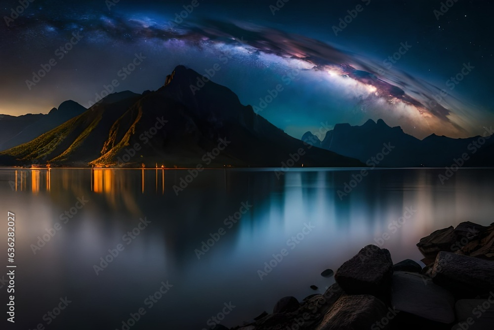 lake tahoe sunset  night landscape mountain and milkyway galaxy background 