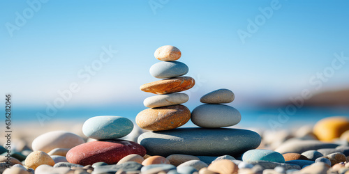 Harmonious spa stones balance against a vibrant summer sky and sea backdrop. Yoga relax horizontal wallpaper. 