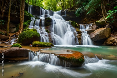 Panoramic beautiful deep forest waterfall © Fatima