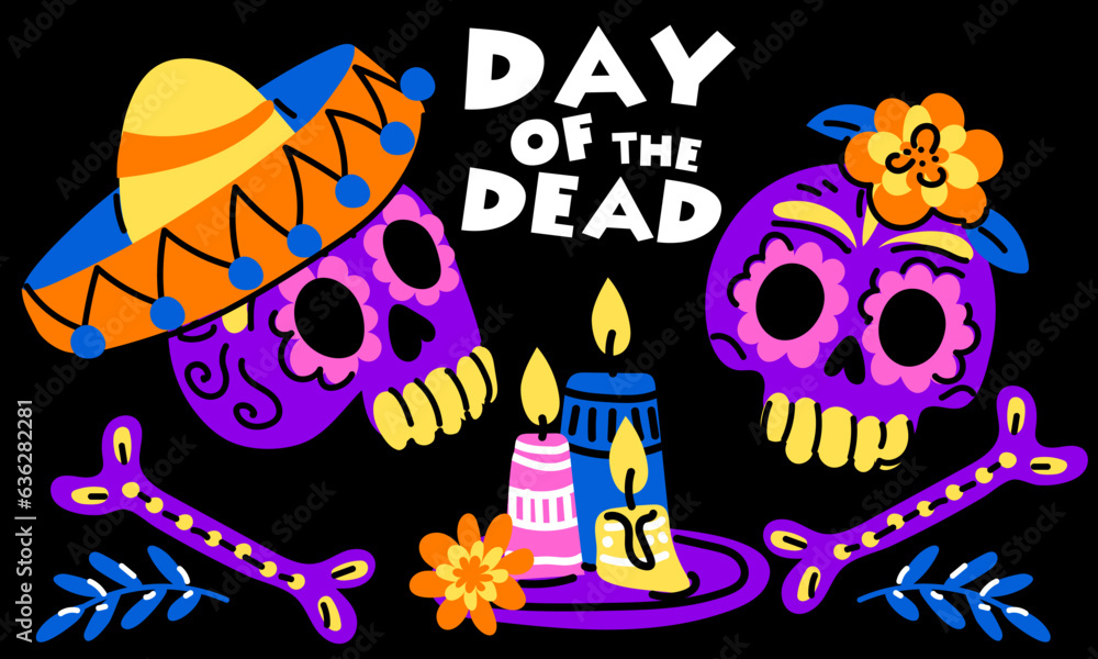 Vector hand illustration of the Mexican holiday Muerto. A postcard with traditional skulls, flowers, candles and the inscription Day of the Dead. Memorial Day greeting card