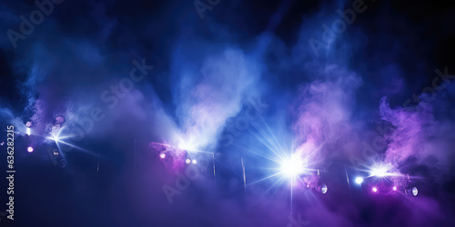 Purple and blue searchlights in the smoke on dark background. Creative abstract club performance soffits banner. 
