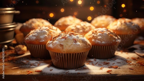 sweet muffins topped with chocolate chips with cinematic light and blurred background