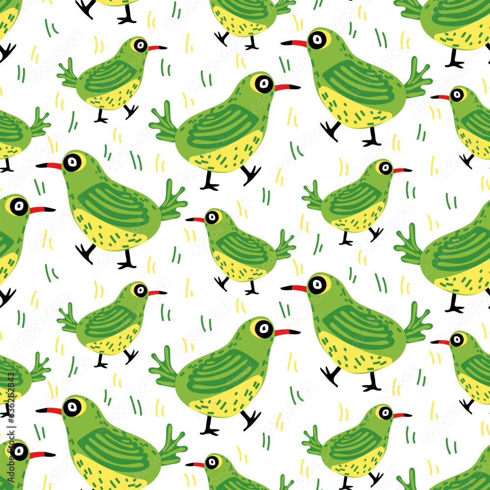 A pattern with a cartoon xantus and grass on a white background. A small green and yellow bird in a cartoon style. Seamless pattern for printing on textiles and paper. Children's topics