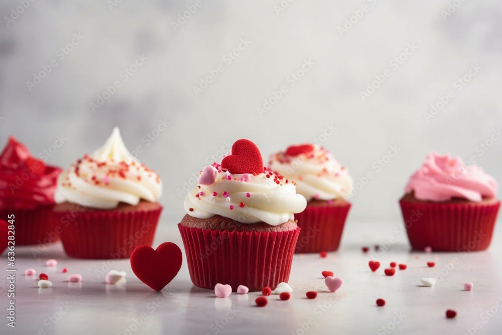 Closeup of delicious Valentine's Day cupcakes on light background. Generative AI