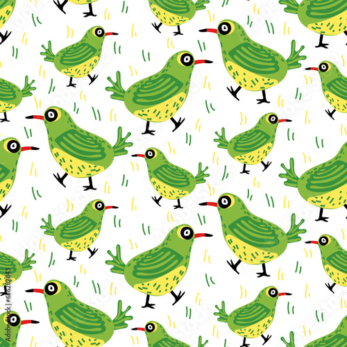 A pattern with a cartoon xantus and grass on a white background. A small green and yellow bird in a cartoon style. Seamless pattern for printing on textiles and paper. Children's topics