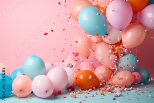 Vibrant balloons and surprise balls scatter the sky against a soft pink backdrop. Generative AI