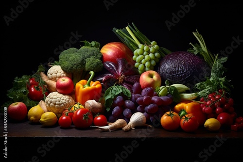 Assorted fresh produce beautifully displayed on a dark background. Generative AI