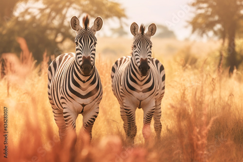 Zebras herd on African savanna in sunlight. Wild nature of Africa. Zebra stand facing camera. Generative AI