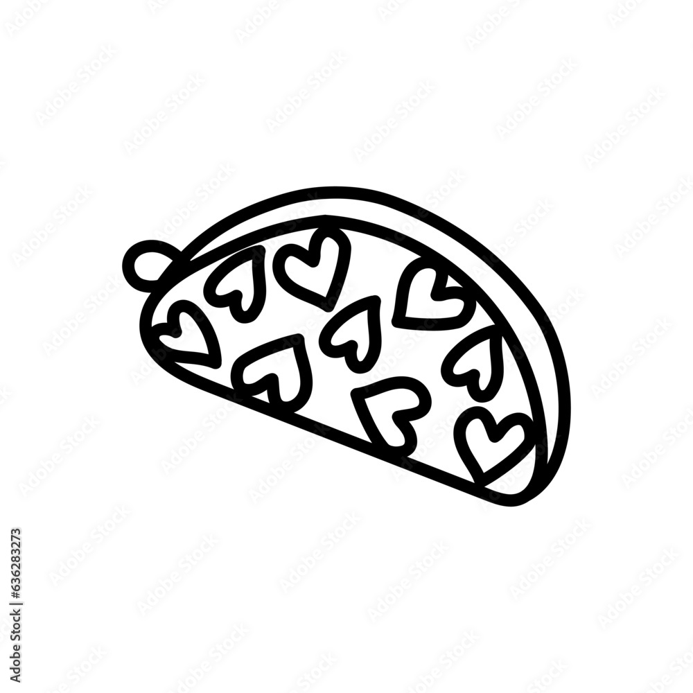 vector doodle illustration of cosmetic bag icon - black outline on white. Fashion cosmetics storage accessory, heart print fabric bag vector doodle illustration of cosmetic bag icon - black outline on white. Fashion cosmetics storage accessory, heart print fabric bag